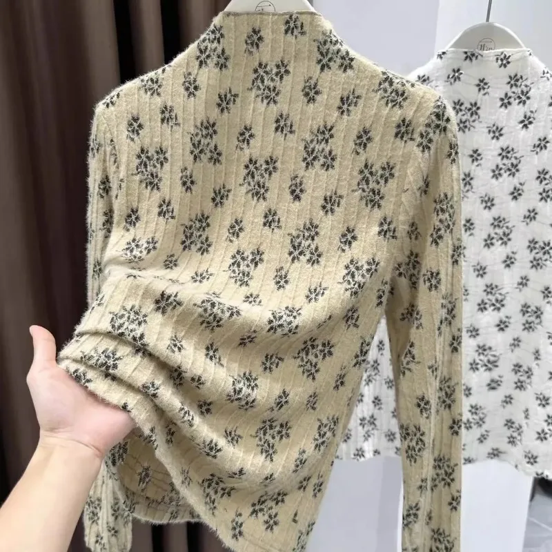 Half Turtleneck Brushed Lace Long-sleeved Bottoming T-shirt for Women in Autumn and Winter French Floral Slim Fit Inner Top