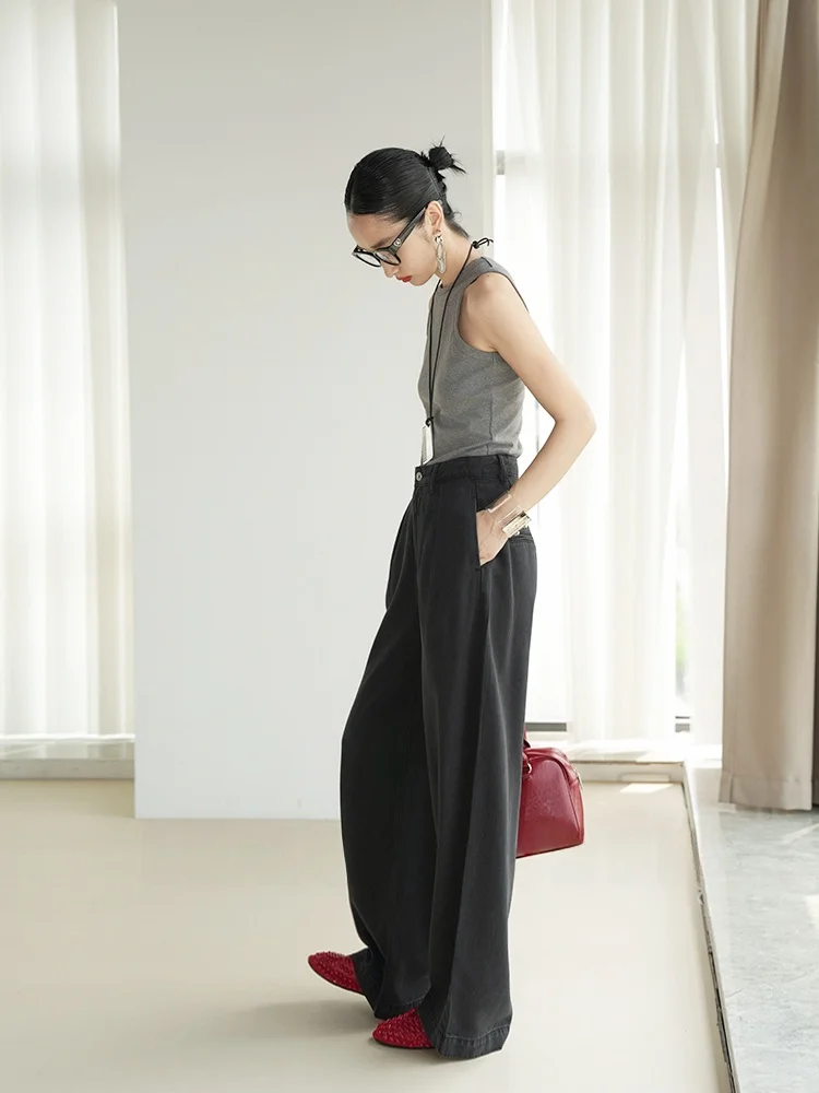 

LemonChen Summer Good News Wide Leg Jeans Cool Pants Loose Fit High Waist Cleanfit Sle mid Stretch PU Fabric for Pear ape...