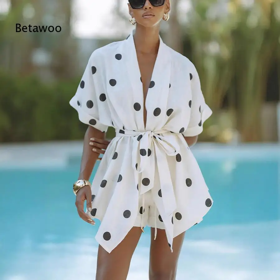 Women's White Polka Dot Kimono Swimsuit Cover Up Short Sleeve Tie Waist Beach Romper Bathing Suit Wrap Dress Swimwear