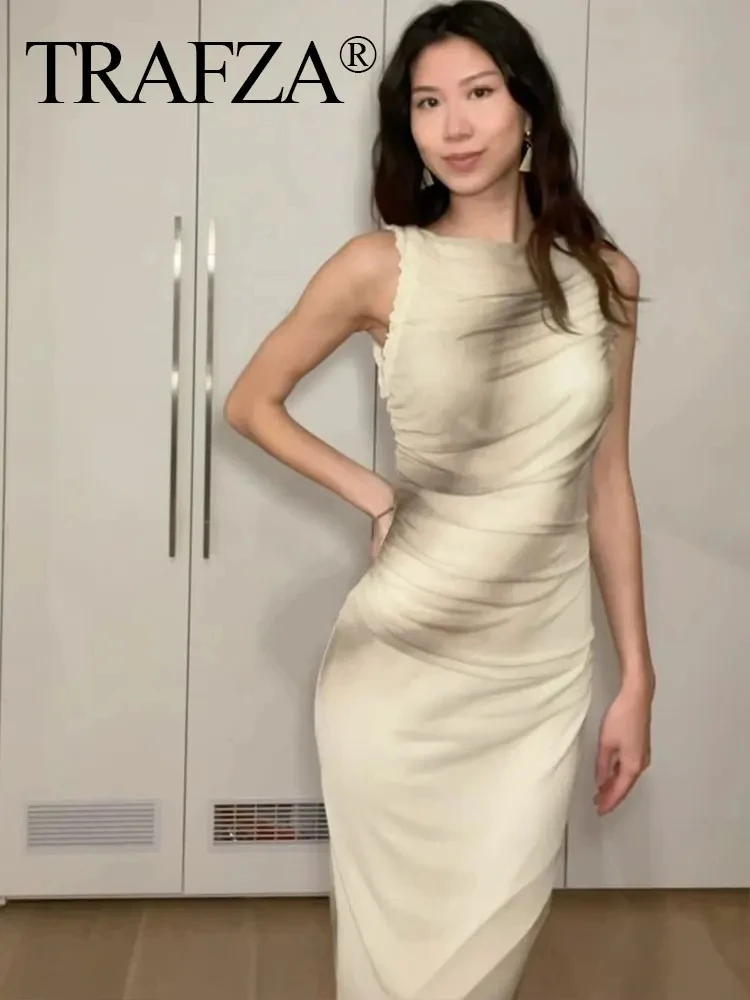 TRAFZA Women Ruched Tulle Bodycon Dress Print Ruffle Mesh Sleeveless Long Dress Female Fashion High Street Elegant Dress Vestido