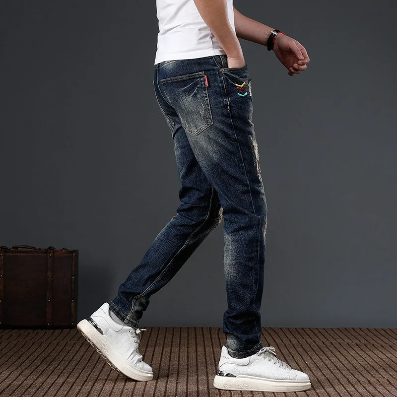 2024 New Trendy Patch Perforated Embroidered Jeans for Men's Deep Blue Slim Fit Small Feet Street Motorcycle Denim Pants