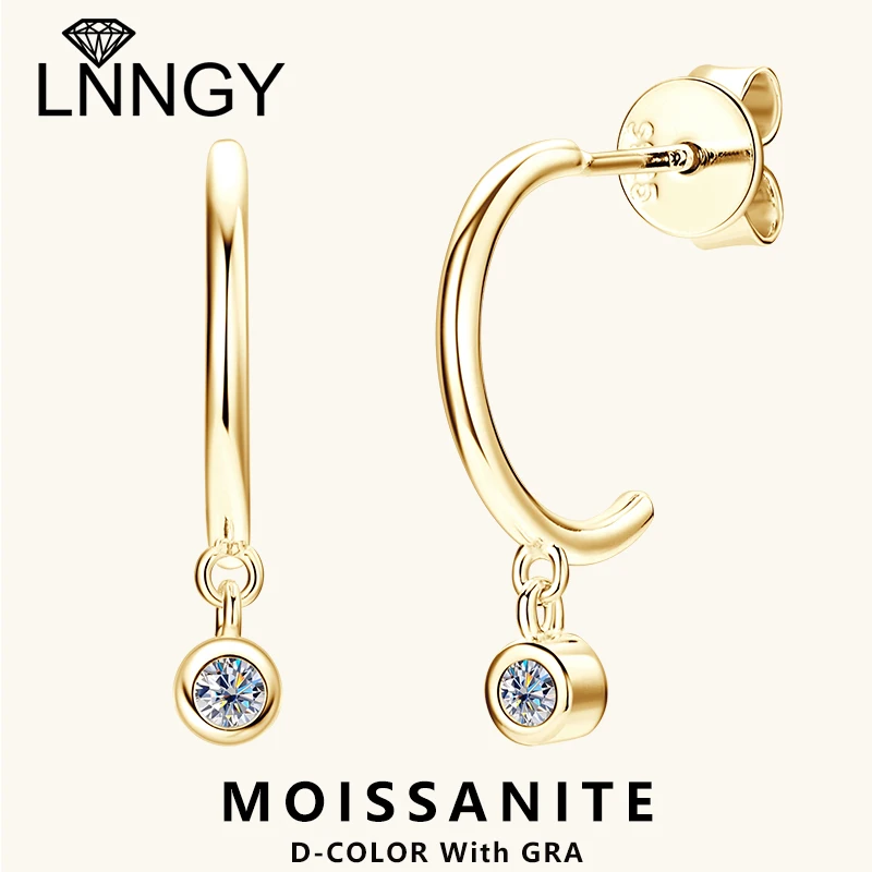 Lnngy 2MM Moissanite Pendant Earrings For Women 925 Sterling Silver C-shaped Earring European American Piercing Jewelry Gift