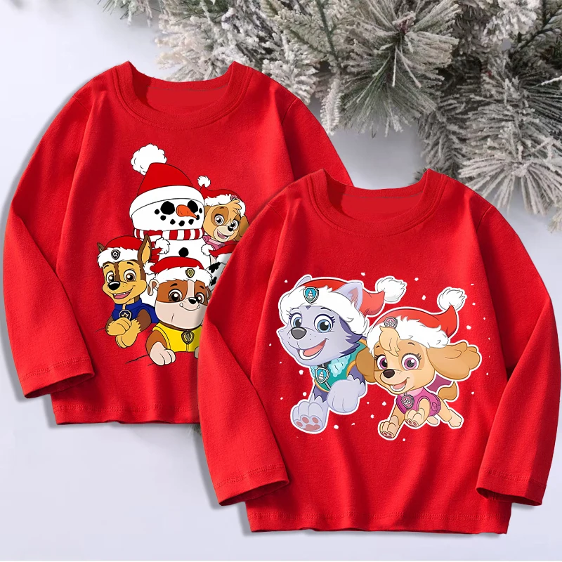 Paw Patrol Kerst T-shirt met lange mouwen voor jongens meisjes Cartoon Leuke Kerst T-shirts Kinderen Nieuwjaar Mode Kawaii Kleding