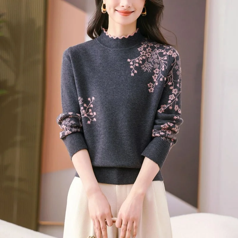 Women Grey Half Turtleneck Sweater Ruffle Collar Pink Plum Blossom Embroidery Long Sleeve Knit Pullover Elegant Mom Top