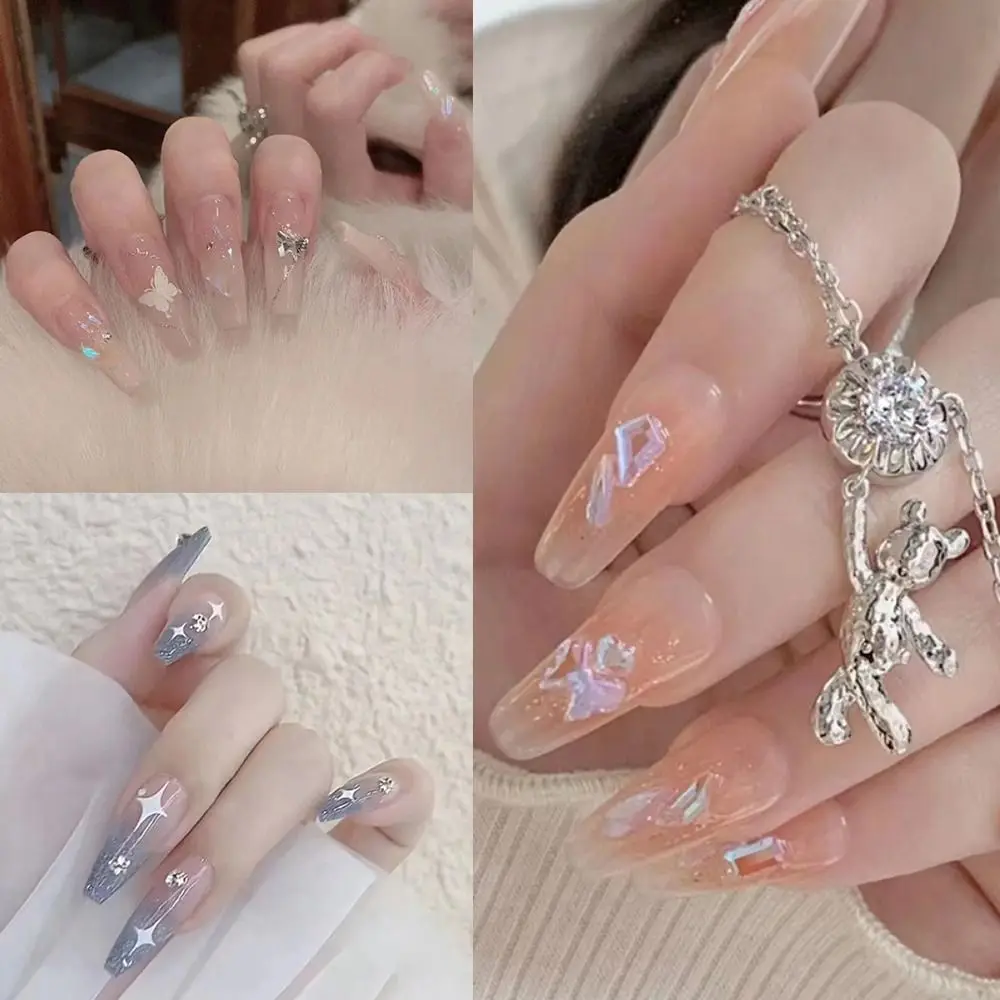 24pcs Manicure Full Cover Dazzling Crystal Press on Nails Shining Long French Fake Nails Ballerina