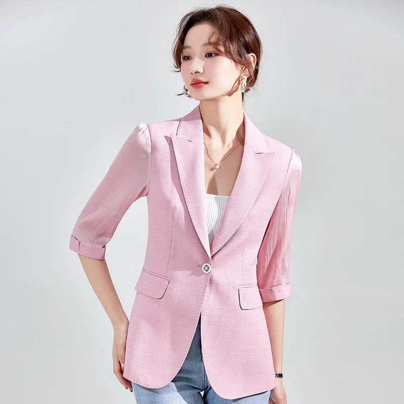 

Women's Suit Jacket Summer New Style Fashion White Seven-point Sleeve Office Ladies Casual Suit Short Paragraph Cotton Blazer