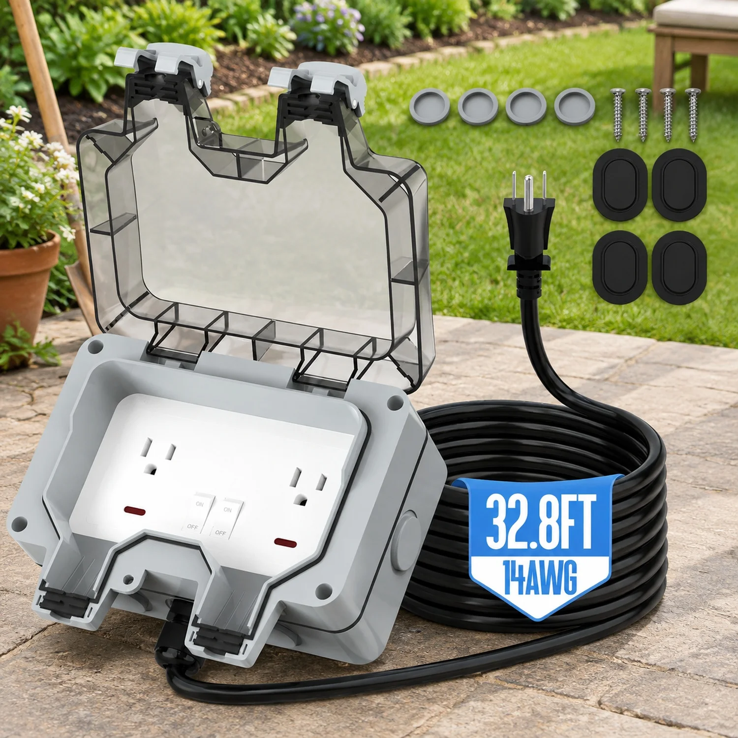 Outdoor Outlet Box with 32.8Ft Extension Cord,NEMA 5-15R,IP66 Waterproof w/Lockable Cover & LED Indicator (Double Plug Socket)