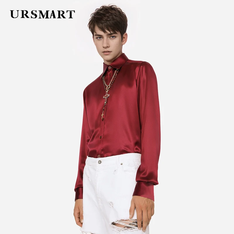 Wine Red Silk Men's Shirt Spring and Autumn New Product Classic Fashion Elegant Style Customized Mulberry Silk Shirt Men