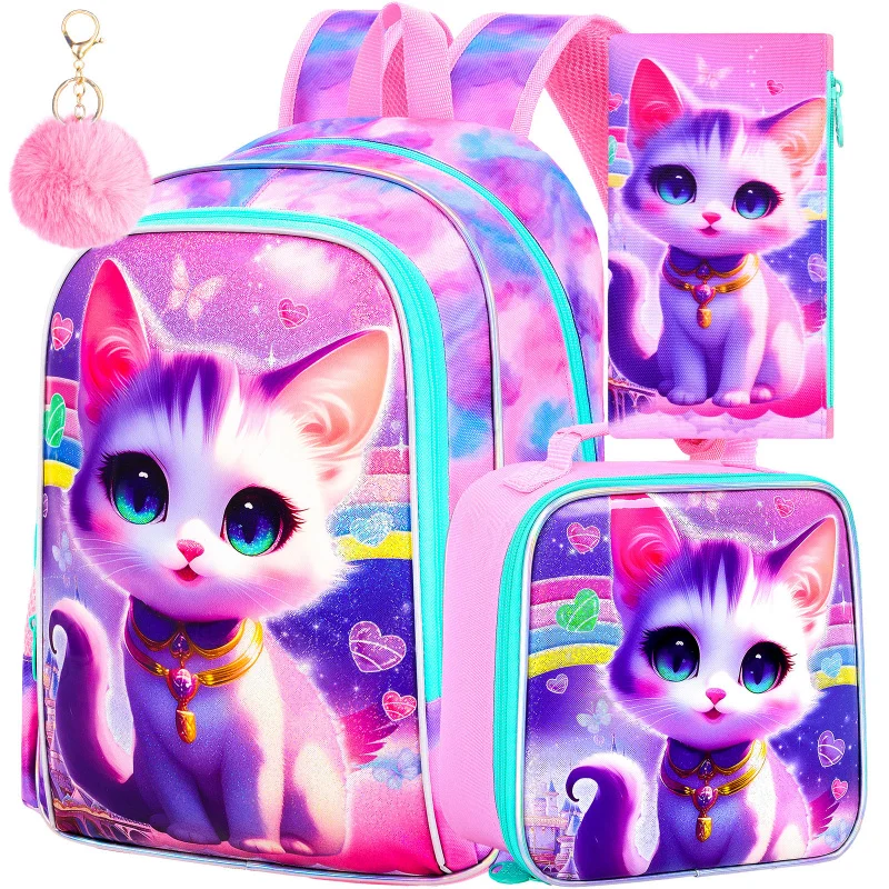 

3Pcs Cat Backpack for School, 16" Girls Bookbag with Lunch Box, Kids Backpacks Set for Elementary Preschool Kindergarten(Pink)