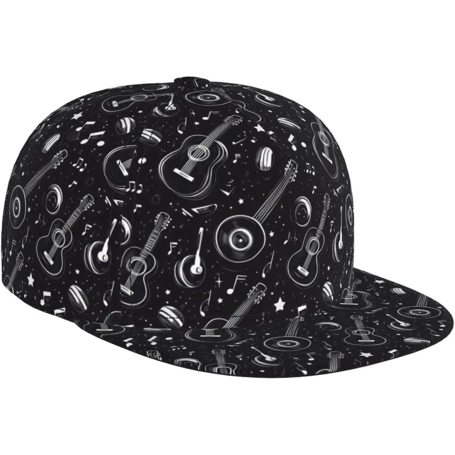 Hand Drawn Guitar Music Print Snapback Hats for Men Women Adjustable Flat Bill Brim Hat for Men Baseball Cap Black