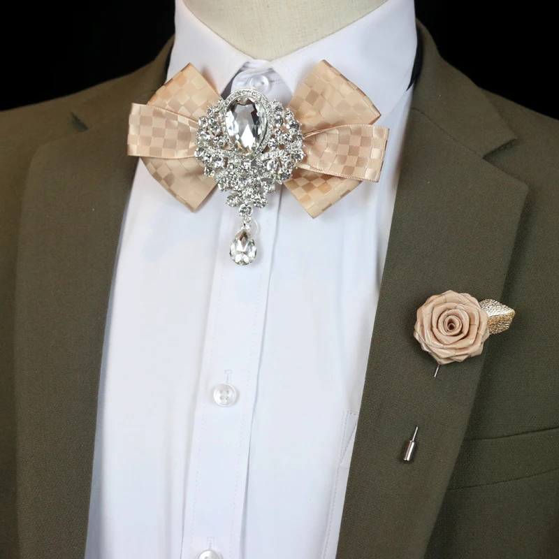 Männer Hochzeit Strass Fliege Brosche koreanische britische Geschäft formelle Kleidung Hemd Kragen Blumen Brosche Tasche Handtuch 3 stücke-Sets – Detail 5