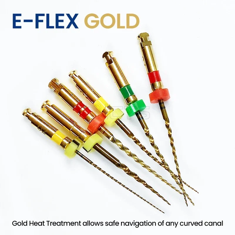 E-FLEX GOLD NiTi Rotary Files Safety Non-Cutting Tips, Ideal for Shaping Curved Canals, Auto-Polished for Smooth Transitions