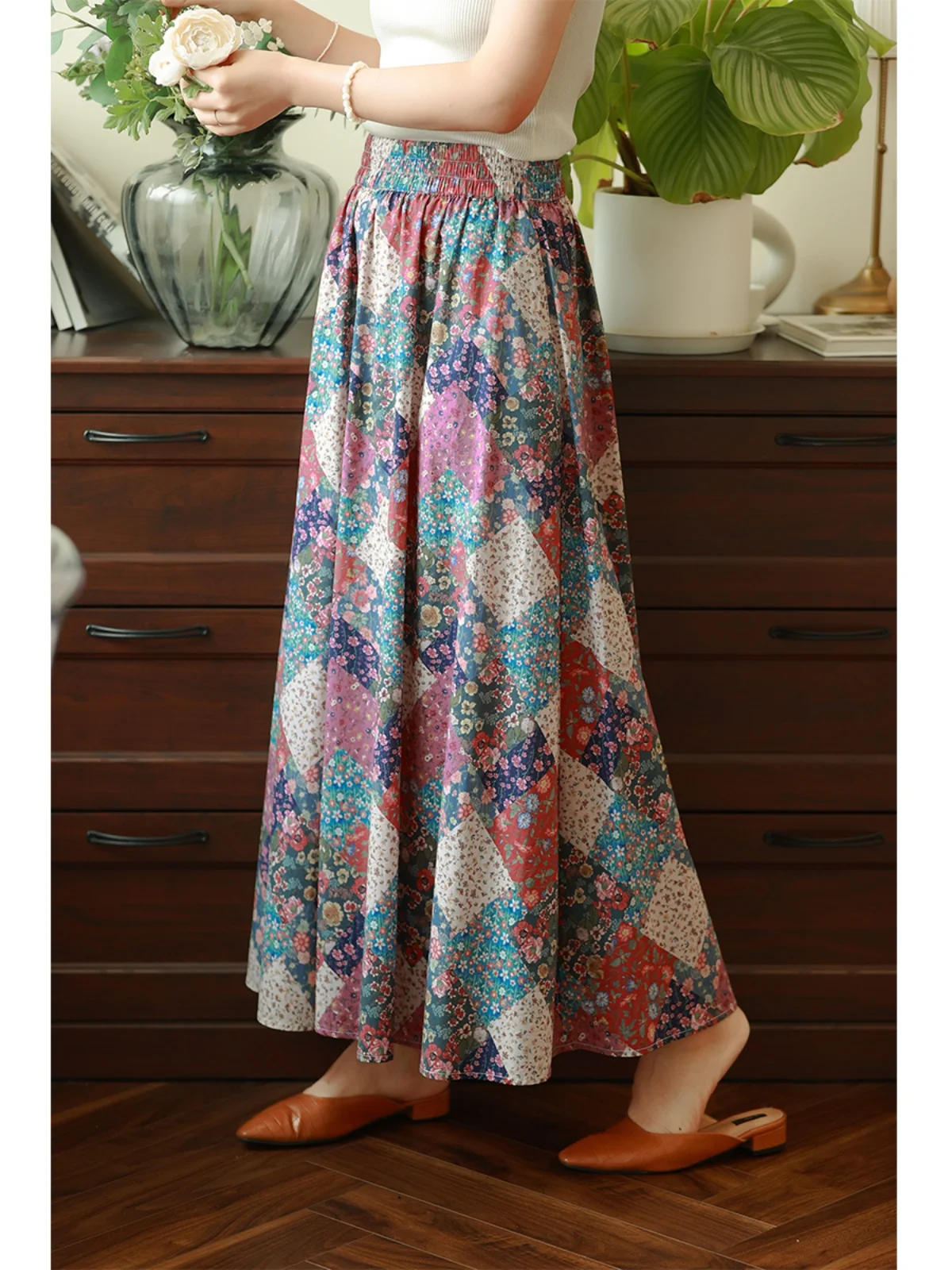 

High Waist A-Line Printed f Skirt Elastic Cotton Summer New Sle Midi Skirt Slimming Hip Covering Casual Vintage Sle
