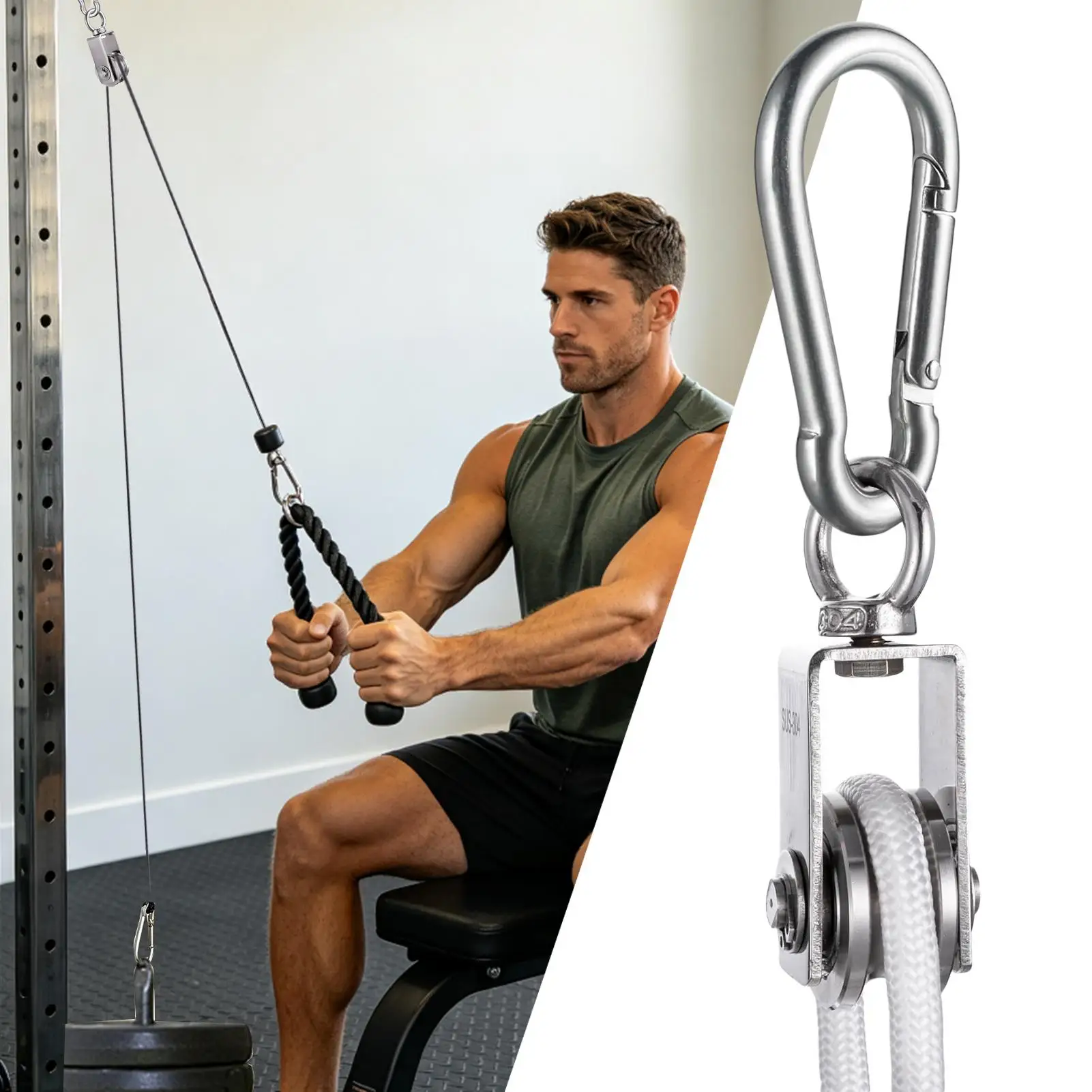 Stainless Steel Swivel Pulley with 32FT Rope Heavy Duty Rotating Cable Pulley Multi-Purpose Pulley for Gym Camping Garage