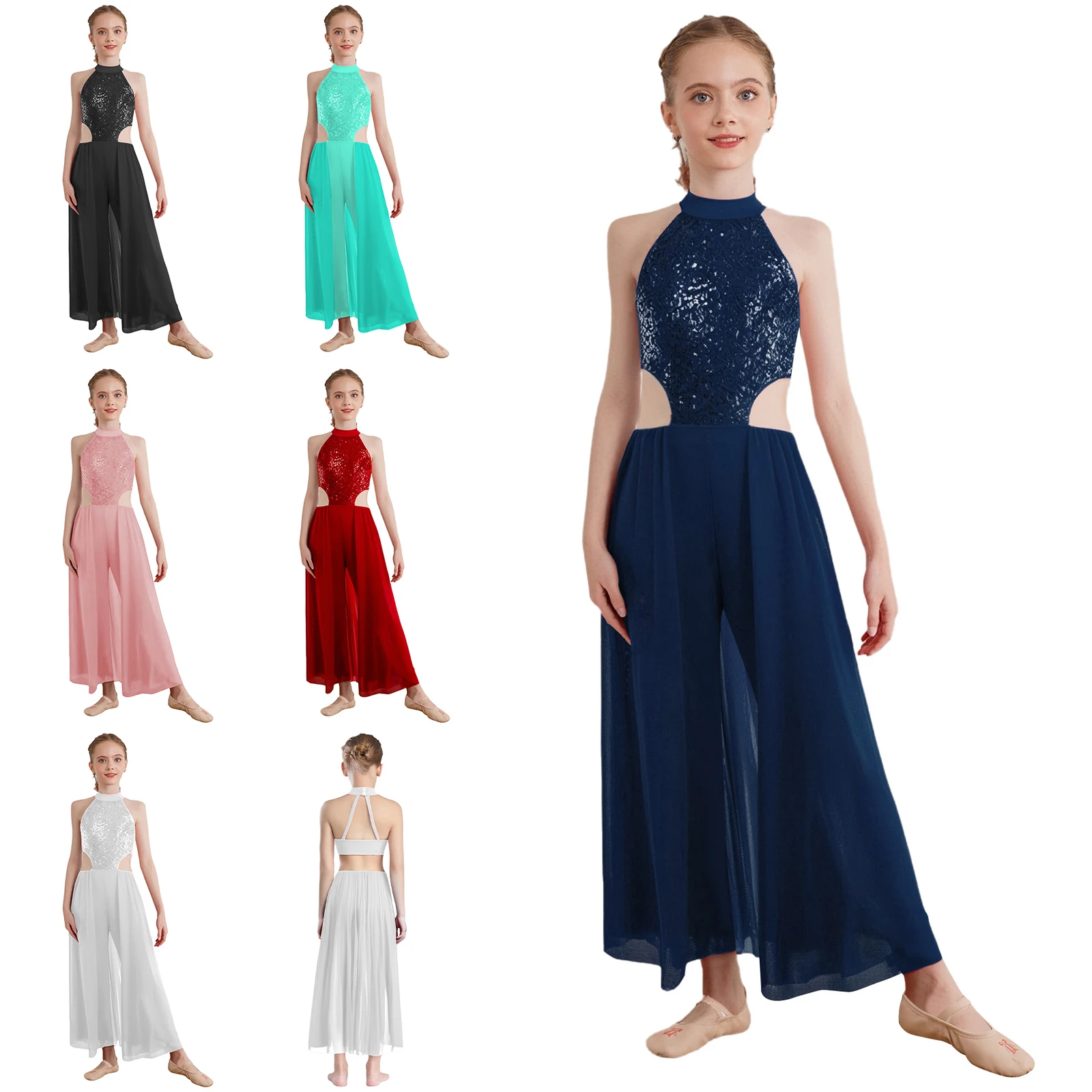 

Детский комбинезон для латинских танцев для девочек, блестящий лоскутный сетчатый комбинезон без рукавов с блестками и широкими штанинами, костюм для лирического танца