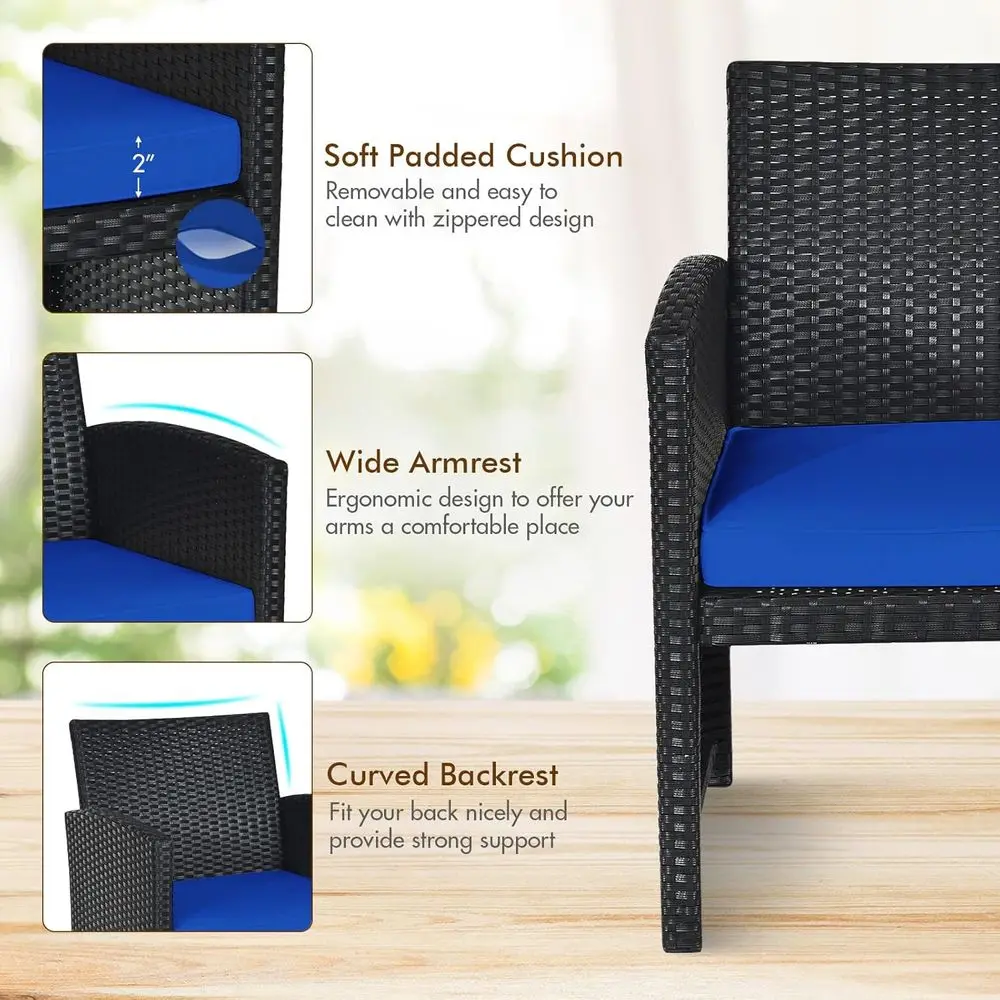 طقم أريكة من الخيزران للفناء الخارجي باللون الأزرق الداكن مع طاولة بيسترو ووسائد للشرفة أو الفناء #3