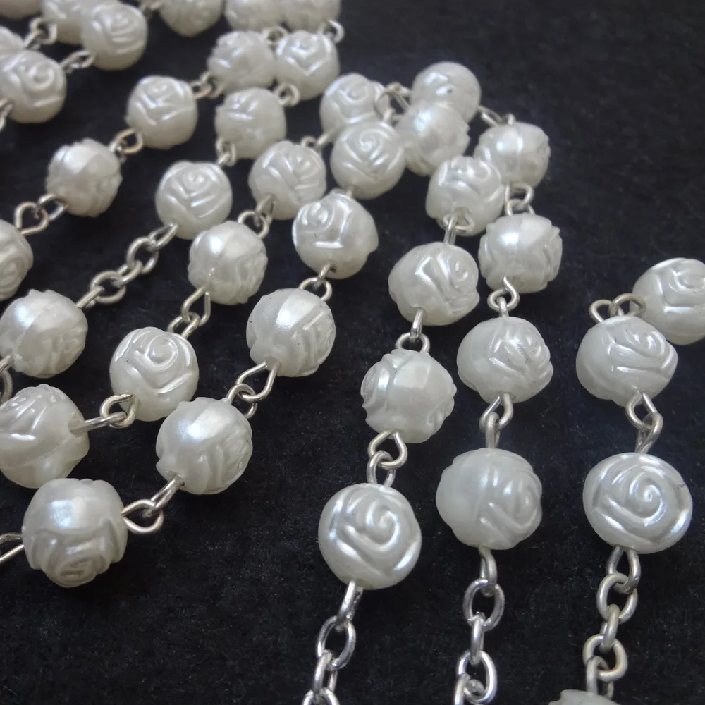 8mm White Pearl Rose Beads Rosary Cross Pendant Necklace For Women Sweater Chain Plastic Beads Catholic Jewelry Accessories