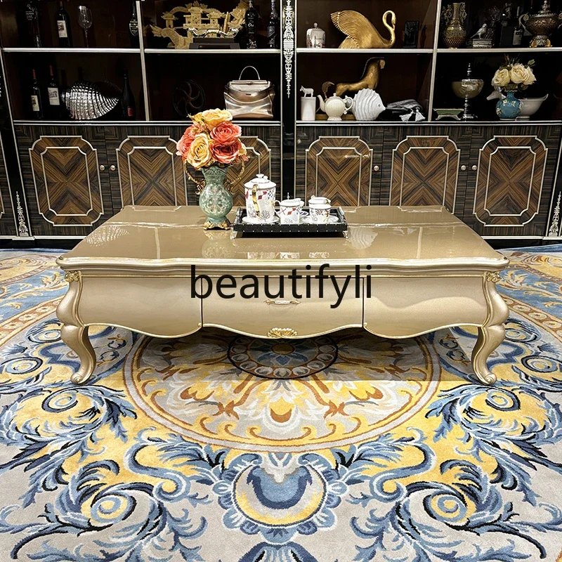 

French large coffee table, European luxury tea table, tea table with drawers rectangular solid wood carving flower table45