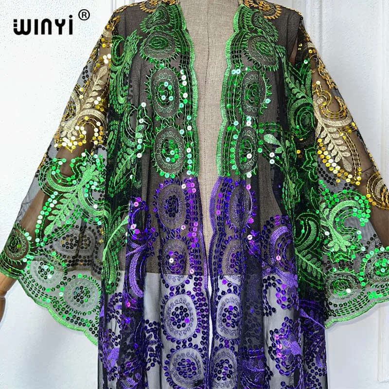 WINYI-Cardigan à pampilles brodées pour femmes, Cover-up de bikini, Tenues de plage sexy pour femmes, Robe de soirée, Châle à paillettes colorées