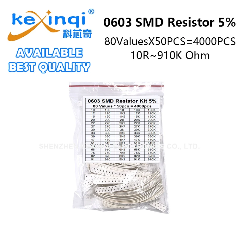 4000PCS 0603 SMD Resistor Assorted Kit 80ValuesX 25PCS 10ROhm~910K 5% 1% 100 4.7 5.1 22 2 10 47 K R Ohm