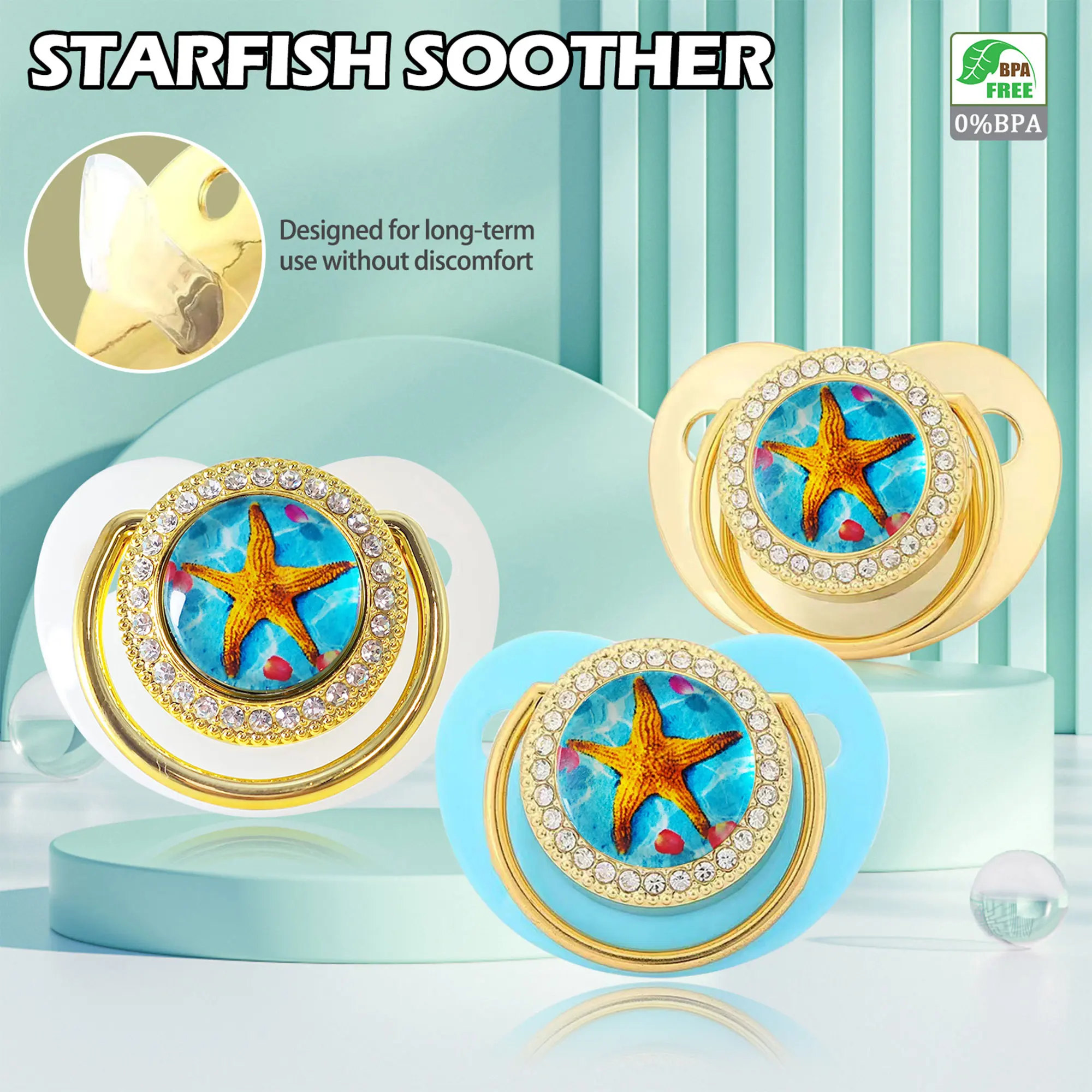 Starfish Diamond Pacifier for 0-3 Years Infants, Made of Silicone with Pacifier Clip and Dust Cover, Ideal for Teething Babies