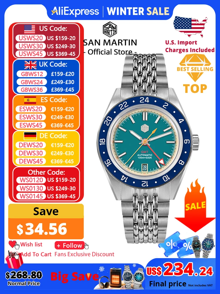 San Martin diseño Original moda GMT 39,5mm Reloj deportivo para hombre Japón NH34 mecánico automático impermeable 100m SN0116 Reloj