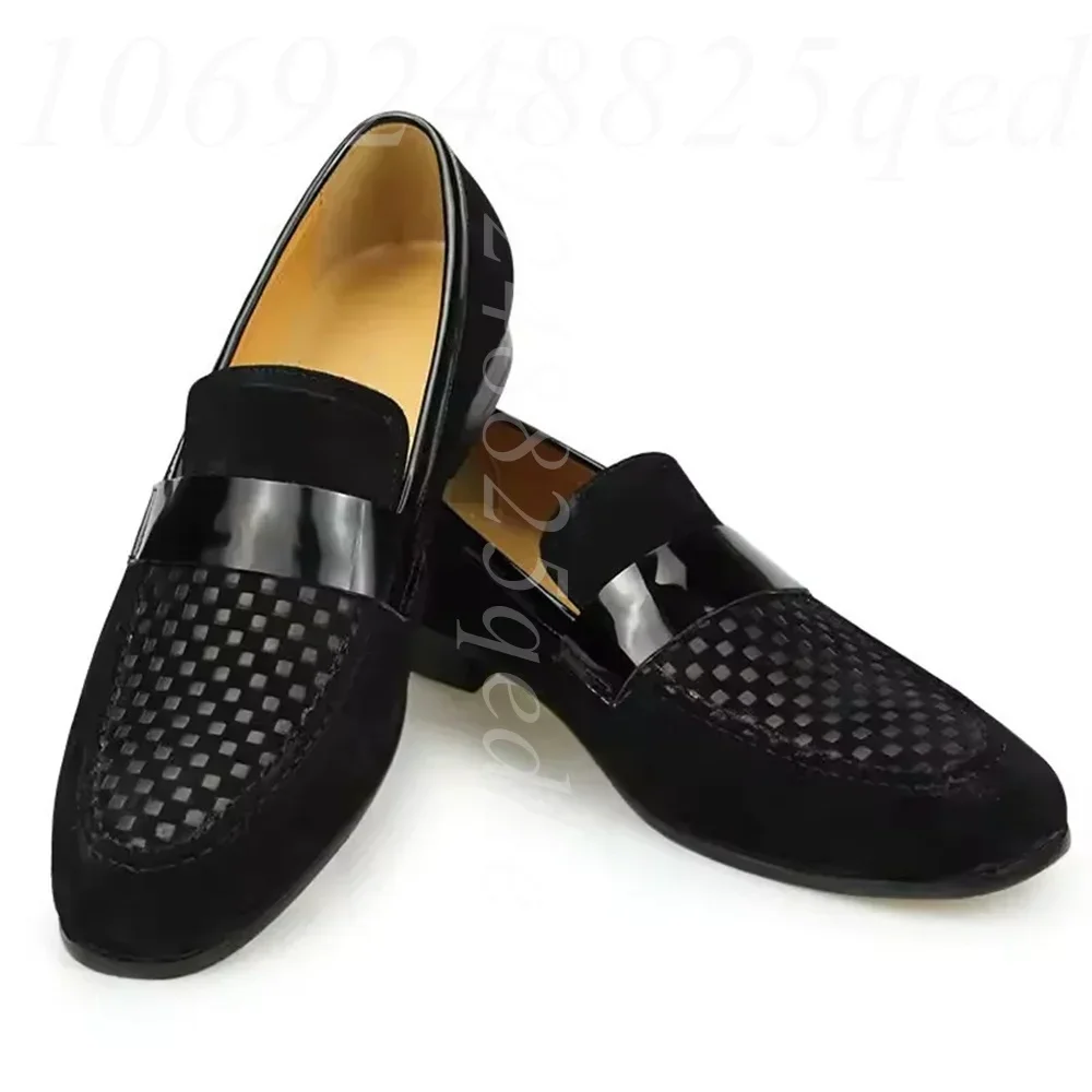 Men's Black Suede Checkered Embossed Pattern Loafers Glossy Patent Leather Strap Slip-On Dress Shoes for Causal & Evening Events