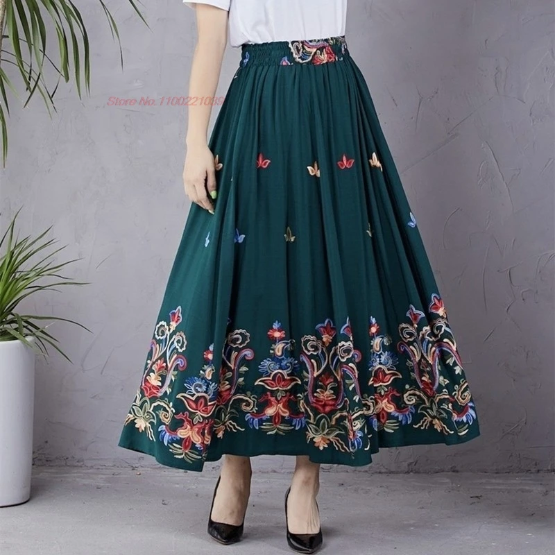 2025 chinese vintage skirt national flower embroidery ethnic skirt retro elastic waist a-line skirt traditional folk dance skirt