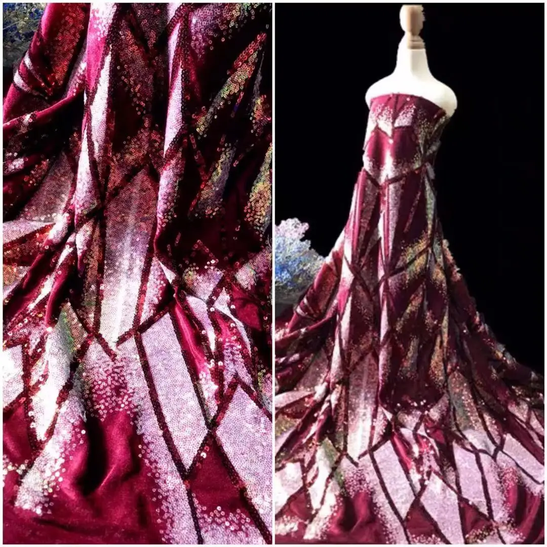 Fantasy Embroidered Fabric Wine Red Fashion Sparkling Dress Designer Wholesale Cloth for Diy Sewing Apparel Material