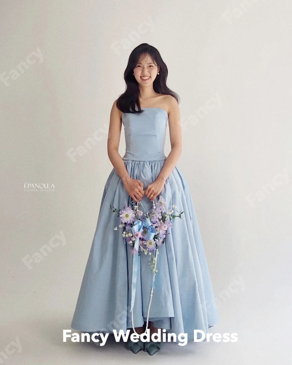 Fancy Simple Strapless Blue Wedding Dress A Line Sleeveless Bridal Gown Satin Floor Length Evening Party Dresses customized