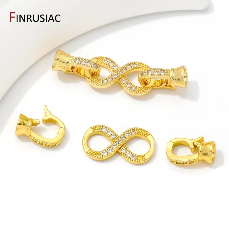 18K Gold Plated Brass Inlaid Zircon 8-Shaped Necklace Clasps Pearl Bracelet Connector Clasps For DIY Jewelry Making Supplies