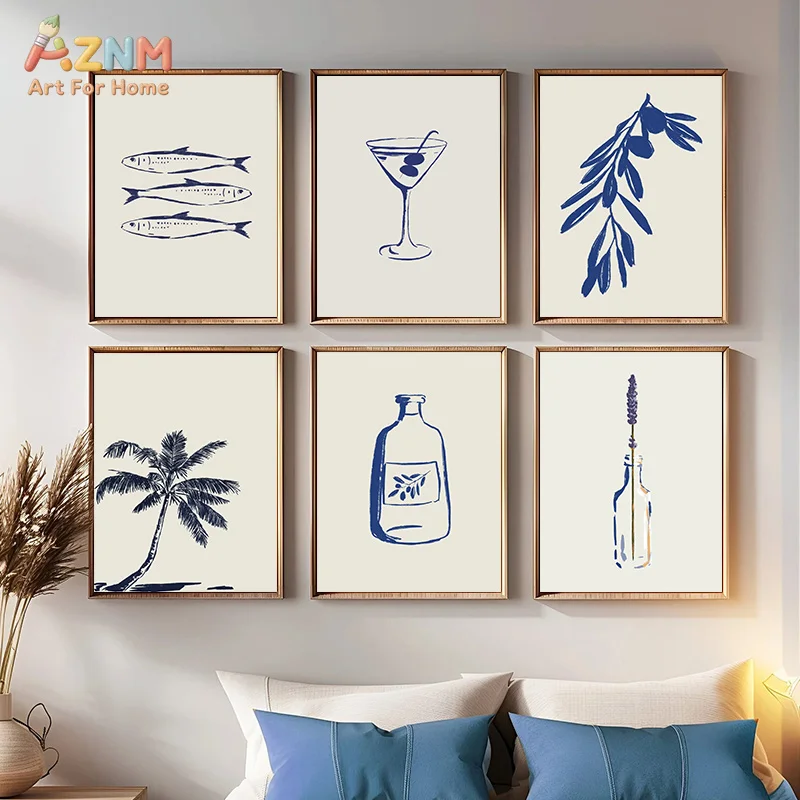AZNM Frameless Canvas Poster Navy Blue Line Art Palm Tree Fish Martini Olive Branch Print, Minimalist Mediterranean Style Wall A