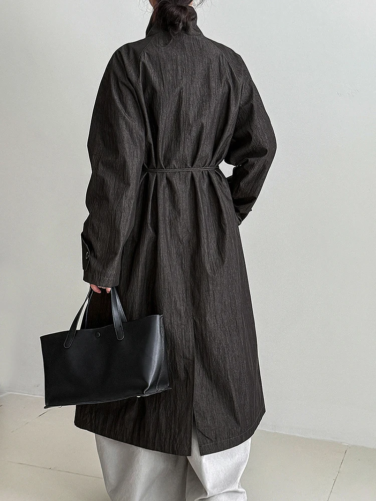YERMORA Black Buckle Bandage Brief Trench For Rwomen Stand Collar Long Sleeve Loose New Windbreaker Fashion Spring Autumn 2025
