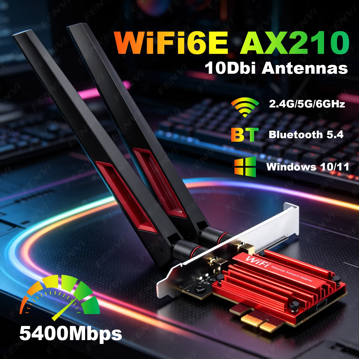 WiFi 6E PCIe Adapter AX210 Tri-Band 2.4G/5G/6GHz BT 5.4 Wireless Network Card 5400M With 10DBi High-Gain Antenna for Win 10/11