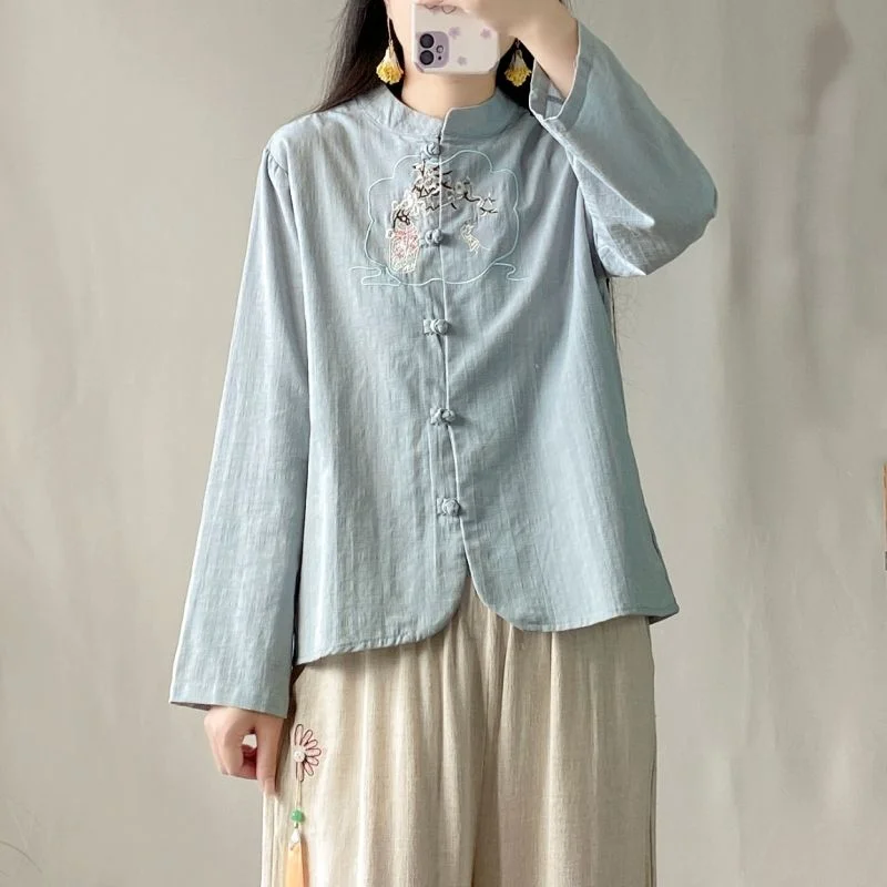

Retro Buckle Embroidered Cotton and Linen Shirt Women's Spring and Autumn Stand Collar Solid Color New Chinese Top Loose Jacket