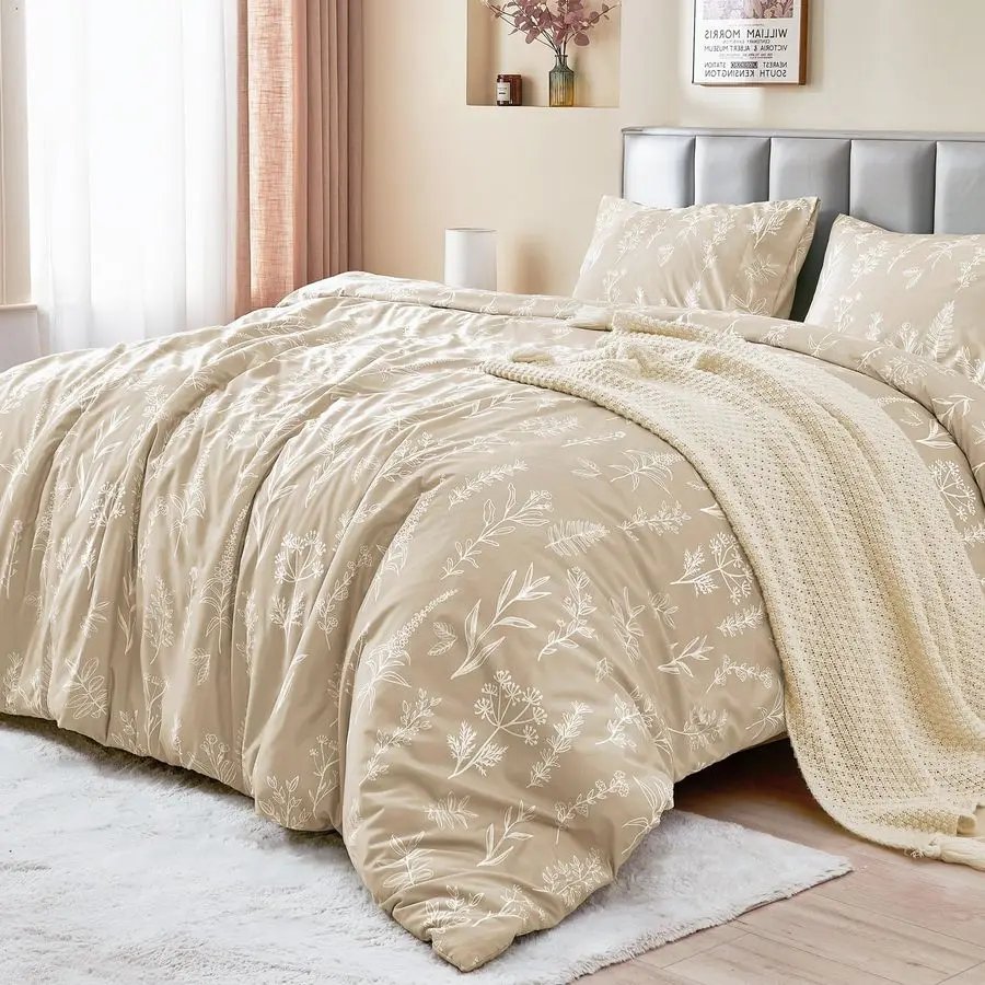 

Duvet Cover King Size, Reversible Floral Beige Duvet Cover Set with Zipper Closure, 3 Pieces Botanical Patterns Soft Microfiber