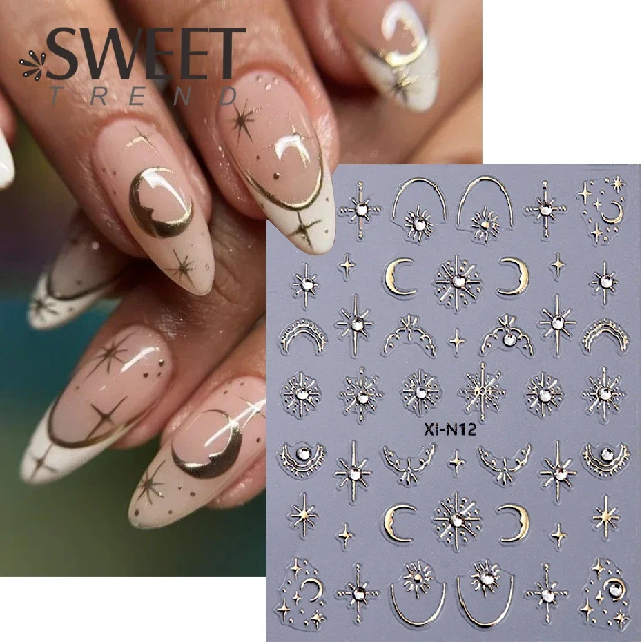 3D Gold Silver Star Moon Bronzing Nail Adesivo, metálico, linha estilo Boho, strass Design, adesivos Slider decalques, Manicure Decor