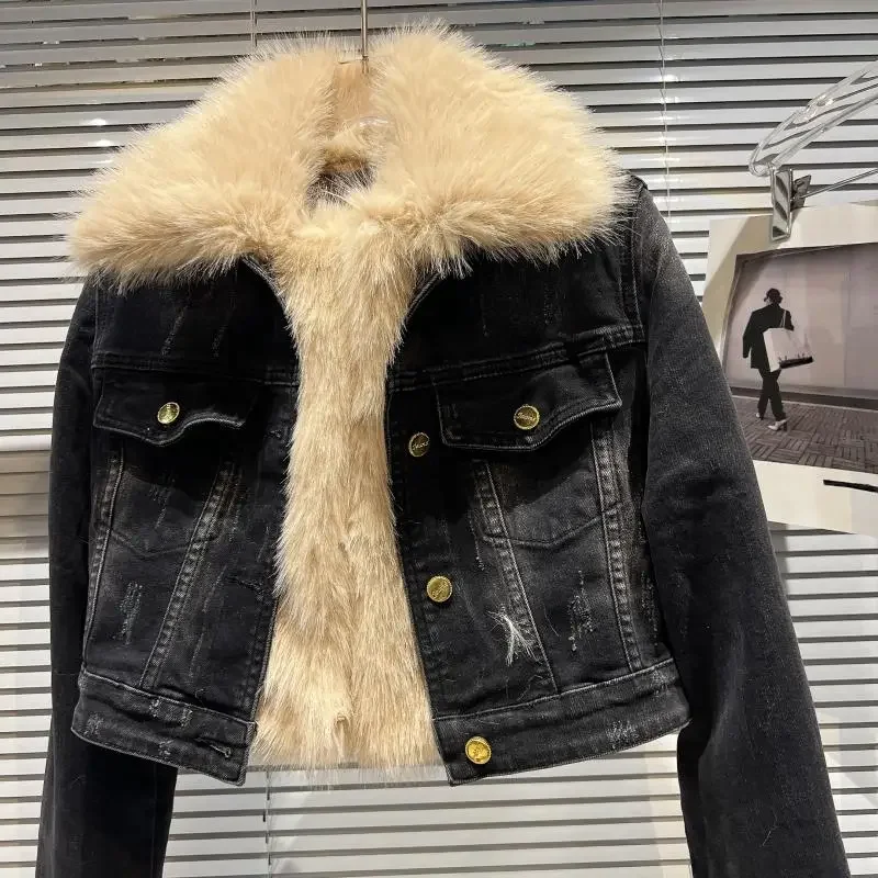 Environmental Protection Fur Collar Quilted Denim Jacket Women's Short Black Jean Coat Autumn Winter Faux Fur Coats Top Outwear