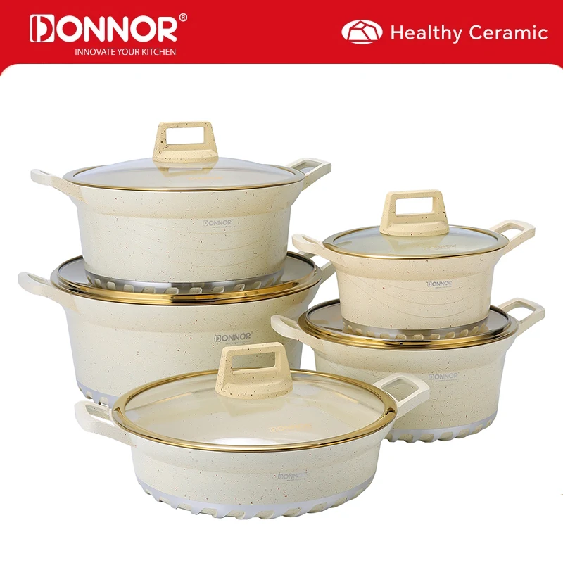 DONNOR 10-teiliges Induktionskochgeschirr-Set, spülmaschinenfester Topf, antihaftbeschichtete Suppentöpfe mit Glasdeckeln für Suppe, Nudeln, Eintopf JT528