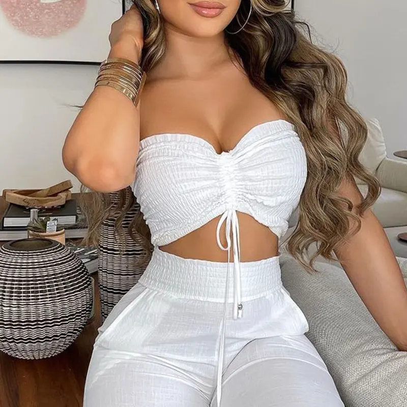 2023 Summer Women Casual White Two Piece Suit Sets Sleeveless Drawstring Bandeau Crop Top Shirred High Waist Long Pants Sets