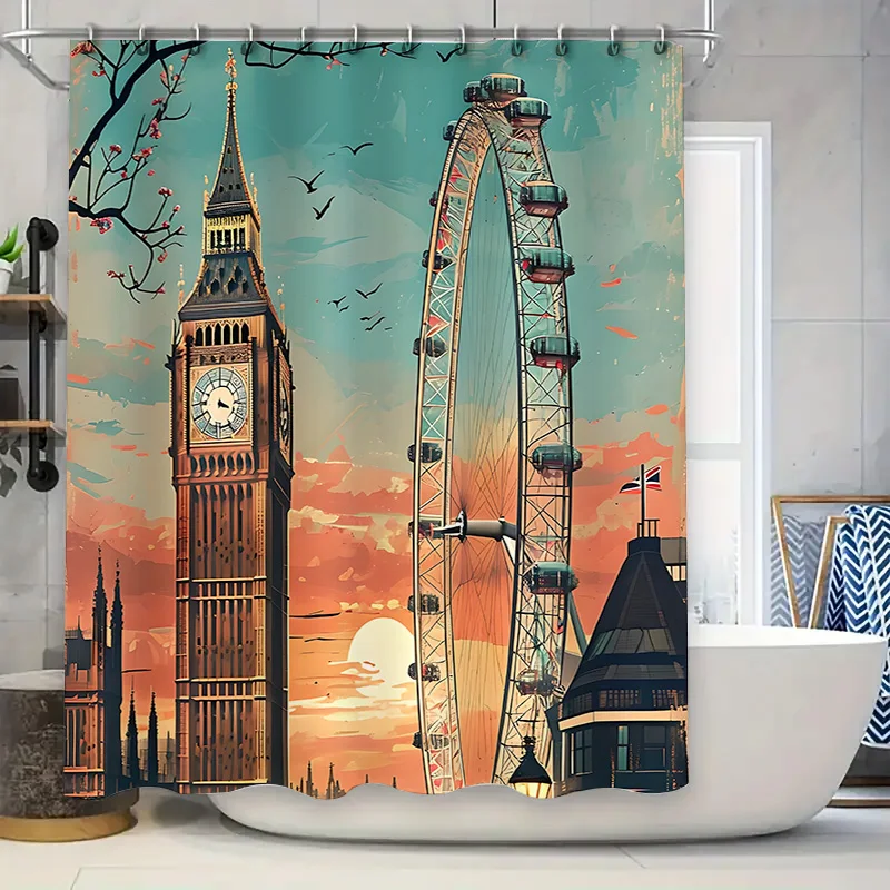

"London Travel Shower Curtain – Big Ben & London Eye View, Romantic Cityscape Design, Waterproof Fabric for Home Decor