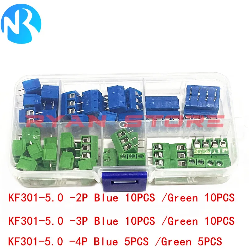 50/110Pcs/Box MF301 Pitch 5.0mm Straight Pin KF301 2P 3P 4Pin Screw PCB Terminal Block Connector 10A 300V 24-18AWG Green Blue