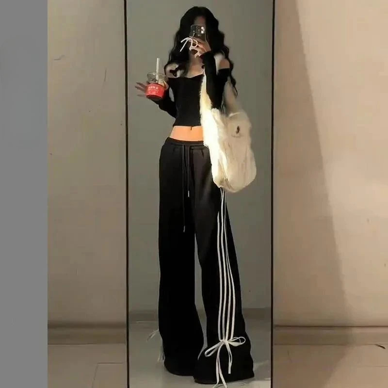 Uitgebreide maat 18-30 damesbroek: Y2K gestreepte broek met strikriem, oversized rechte pijpen, comfortabele studentenjoggingbroek 2025