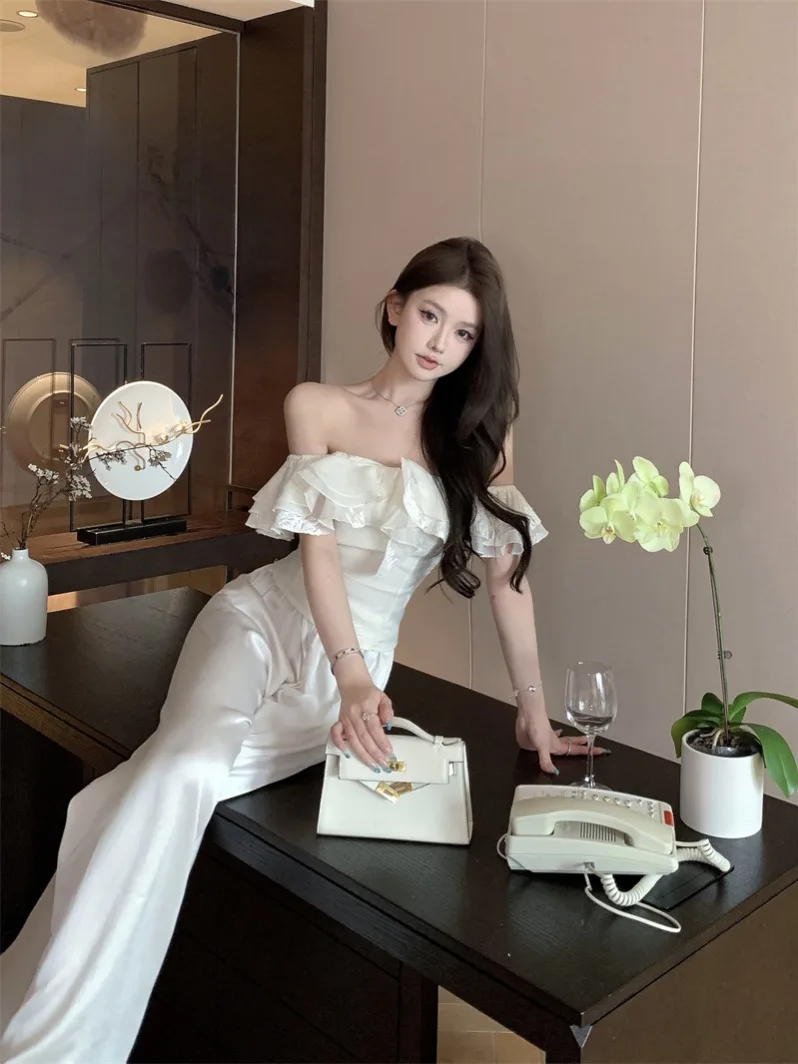 

Новый китайский широкий брюки с высокой талией, прозрачный шелковый топ на одно плечо с кружевной отделкой, летний комплект Faion для молодых женщин