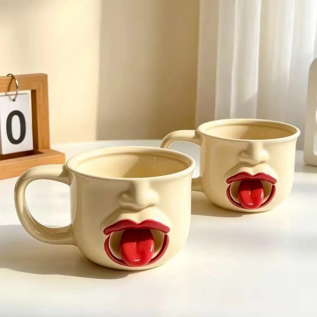 Funny and Humorous Cup Red Lips Tongue Sticking Expression Ceramic Mug Abstract and Funny Giving Friends Pranks Holiday Gifts