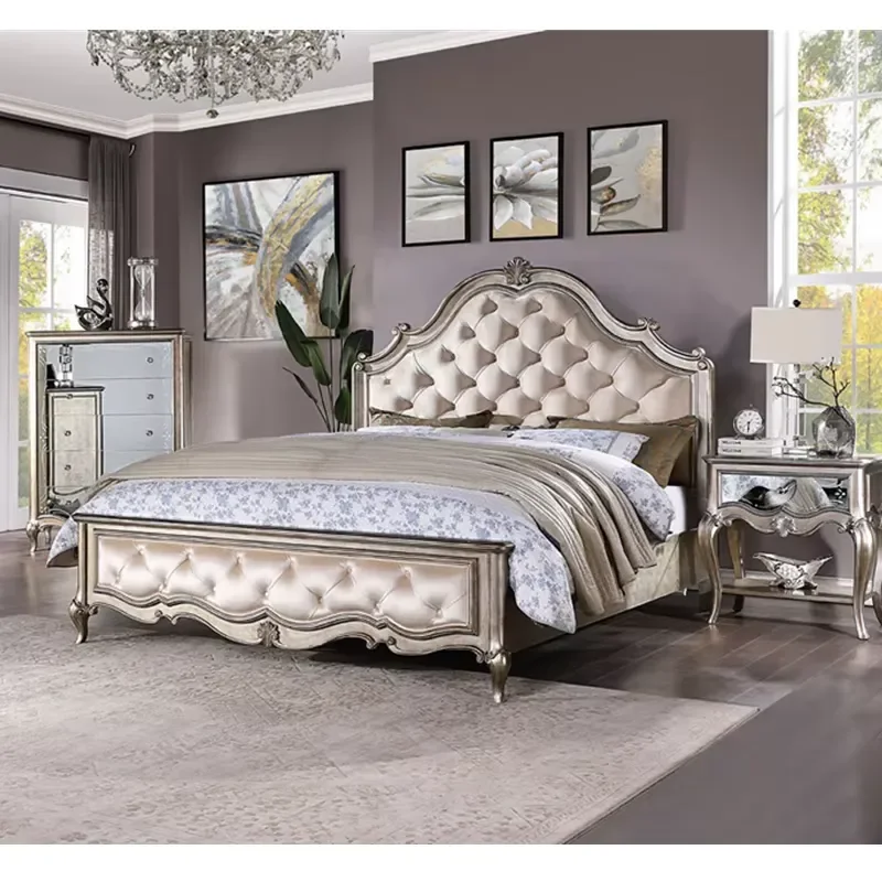 French Antique Bed Royal Style Bedroom Furniture Set American Luxury Design Double King Size Wooden Bed Frame Home Decor