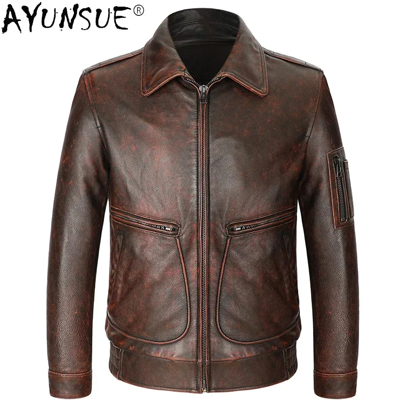 AYUNSUE Men's Genuine Leather Jacket Men Cowhide Coat Vintage 100% Real Cow Flight Autumn Winter Clothes KJ5099