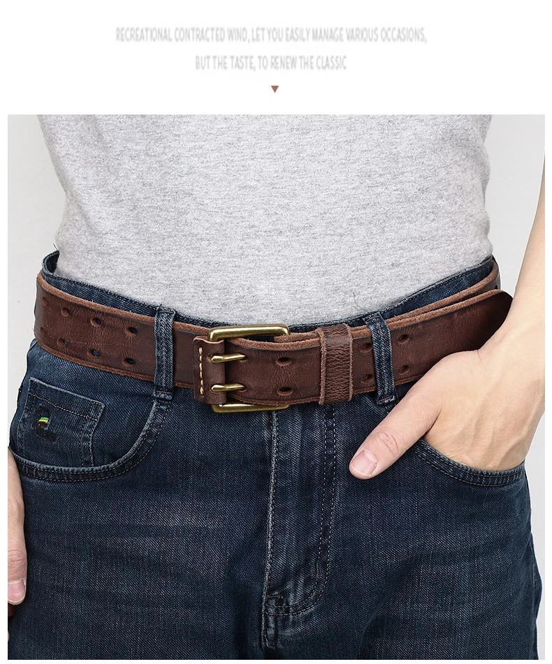 Belt For Men Leather Work Heavy Duty Double Buckles Dlawed Genuine Leather 3.8cm Male Copper Buckle Retro Brown  Men\'s Belt