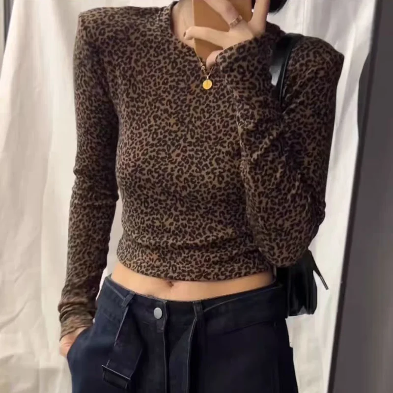 Fashion Leopard Printed Women T-shirt Long Sleeve O Neck Slim Fit Ladies Crop Top Daily Streetwear Casual Tops Autumn Clothing