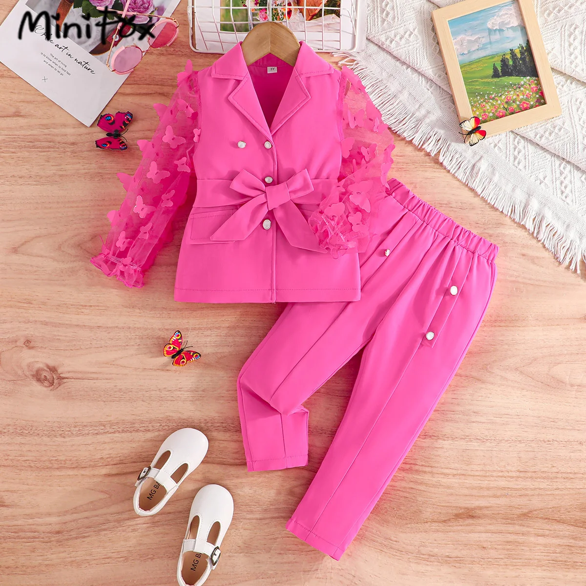 3pcs Summer Suit Set For Girls Kids Butterfly Butterfly  Sleeve Belted Coat+ Button Trousers Girls Blazer Outfit Sets Children